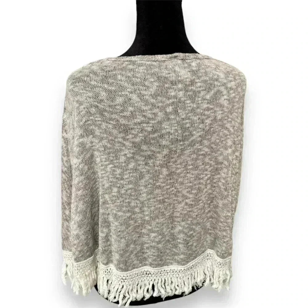 Twinkle Womens Brown/Cream Boho Fringe Lightweight Pullover Knit Poncho - Picture 2 of 11